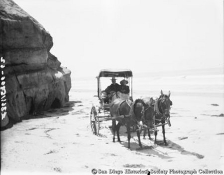Man and woman in horse drawn carriage on beach, Encinitas