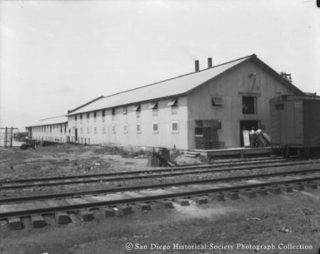 Railroad and loading platform at Pacific Tuna Company cannery, foot of E Street