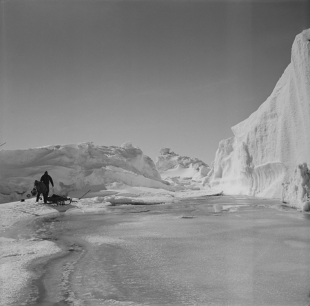 Eugene N. Gruzov (left) and Alexander F. Pushkin (right) preparing to dive near iceberg