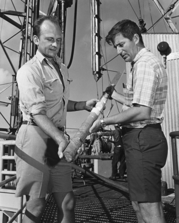 Historic Core- Co-Chief Scientists Dr. Melvin N.A. Peterson, left, and Dr. N. Terence Edgar are shown aboard the Deep Sea ...