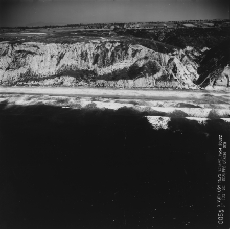 Aerial view of the beach, cliffs, and canyon just north of Scripps Institution of Oceanography. September 16, 1954.
