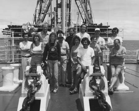Entire crew of Leg 86 on the foredeck of the D/V Glomar Challenger (ship) during the Deep Sea Drilling Project. 1980.