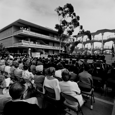 Audience and podium at installation of John S. Galbraith as Chancellor, UC San Diego
