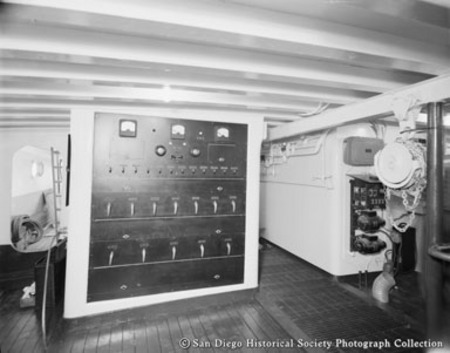 Interior view of engine room on fishing boat Portuguesa