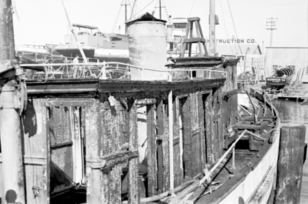 R/V Scripps, after it was raised from the bottom, showing effects of its explosion and fire