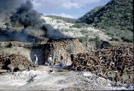 Men burning wood in kilns in Mexico. April 1965.