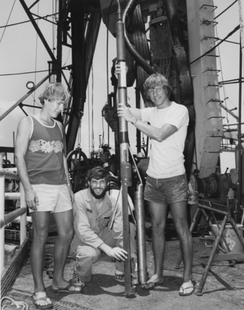 Left to right: Jerry Carter, a graduate student, and scientists Grant Blackinton and Donald Hussong all from the Hawaii In...