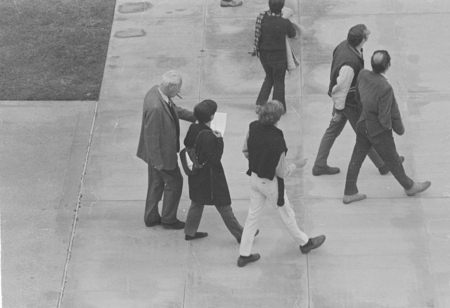Students protesting against the Vietnam War, marching towards Urey Hall, UC San Diego