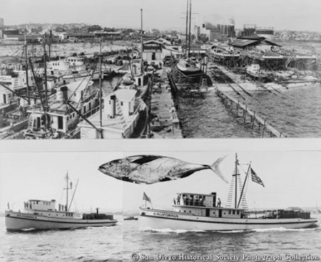 Photographic collage showing Campbell Machine Company, tuna, and tuna boats St. Veronica and California