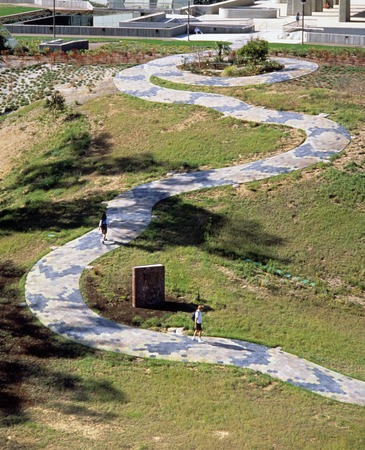 Snake Path: distant view of center section with book and garden