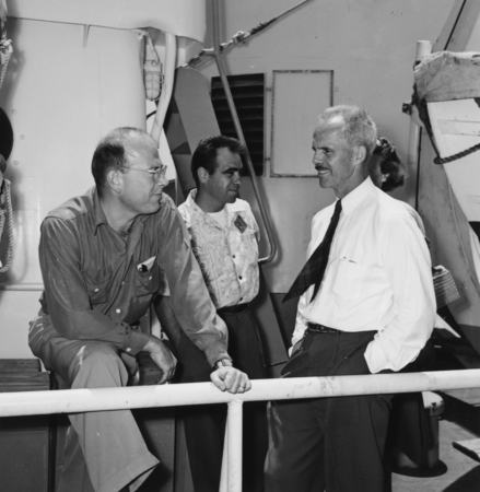 Warren S. Wooster, Richard Mead and Norris Rakestraw aboard R/V Spencer F. Baird, Transpac Expedition
