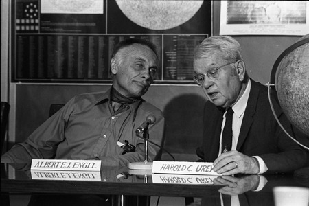 Albert Engel (left) and Harold Clayton Urey, moon rock research press conference, UC San Diego