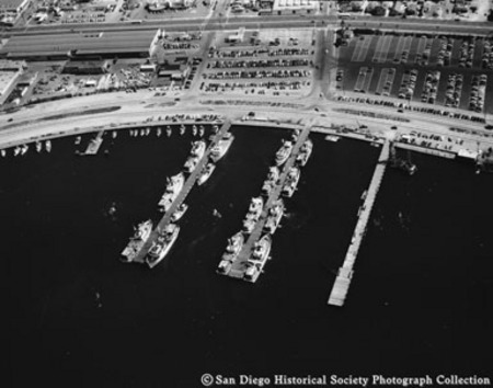 Aerial view of tuna fleet, San Diego harbor