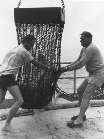 Clement Grasham Chase and George W. Hohnhaus on R/V Horizon with a dredge haul of the Fiji Plateau. Nova Expedition, 1967