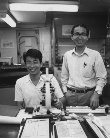 Two Japanese oceanographers, Toyosaburo Sakai, left, of Tohoku University, Sendai, Japan, and Hakuyu Okada, of Shinuoka Un...