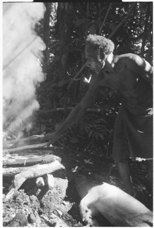 Taaboo tending fire to cook the sacrificial pig.