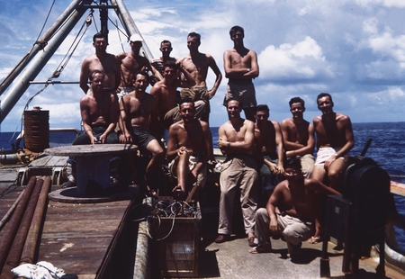 Jeff [Scientists on deck of R/V HORIZON. Rear, standing:] Ed Barr, Louis Garrison, Jeffery Frautschy, Arthur Maxwell, Jame...