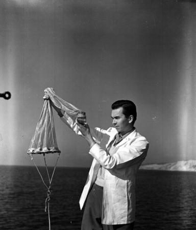 Ben Olson demonstrates plankton net, Scripps, La Jolla, California
