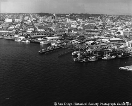 Aerial view of Campbell Machine Company, San Diego harbor