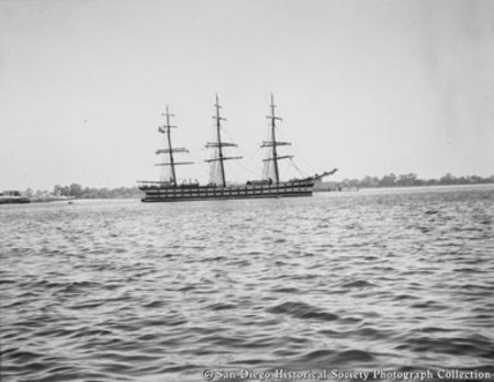 Sailing ship Pacific Queen on San Diego Bay with sails down