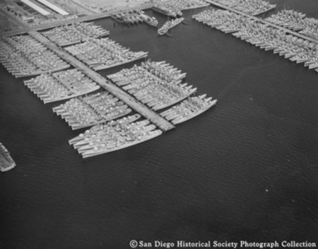 Aerial view of U.S. Navy destroyer base, San Diego