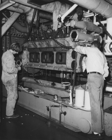 Crew members in the engine room of the D/V Glomar Challenger (ship) who performed an engine overhaul during Leg 64 of the ...