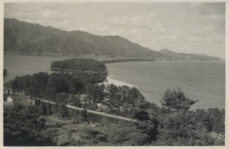Coastline near location of Claude M. Adams visit to a fishery collecting seaweed for agar production. Japan, c1947. Claude...