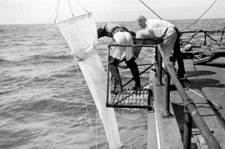 Martin Wiggo Johnson with a plankton net aboard R/V Scripps
