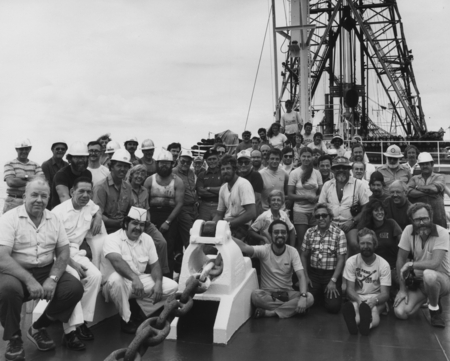 Scientific team, technicians, and other crew members aboard D/V Glomar Challenger (ship) for Leg 89 of the Deep Sea Drilli...
