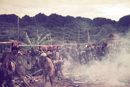 Decorated men and others opening the earth ovens, in background are cuts of pork for later exchange