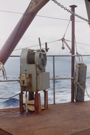 Bathythermograph winch and boom. Onboard Horizon during Shellback Expedition, August 22, 1952