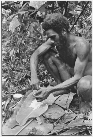 &#39;Ubuni scraping coconut meat from shell for ritual pudding.