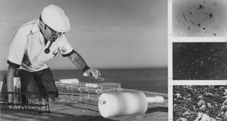 Angelo F. Carlucci preparing an in-situ unit for launch (left) and bacterial magnifications (right)
