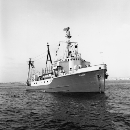 A view of the Scripps Institution of Oceanography research vessel, R/V Horizon, at anchor. September 15, 1960.