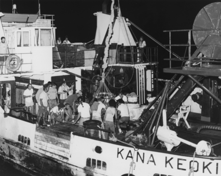 R/V Kana Keoki (ship) from the University of Hawaii have a night rendezvous with the D/V Glomar Challenger (ship) in the P...
