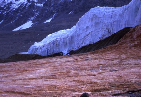 Blood Falls, an iron oxide-tainted outflow from the tongue of the Taylor Glacier in the Dry Valleys, Antarctica. 1963