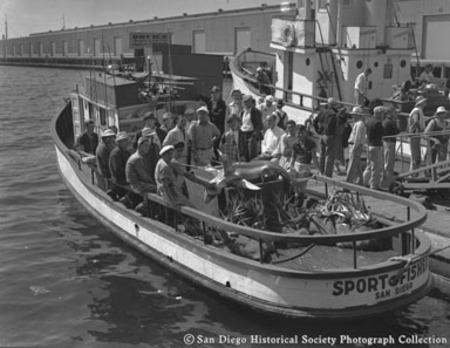 Crew and fishermen posing with catch on docked Sport Fisher
