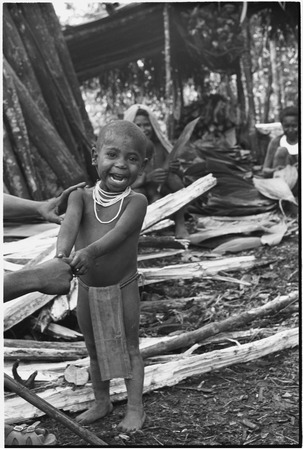 Pig festival, pig sacrifice, Tsembaga: smiling child stands by women preparing leaves to thatch sacrifice house
