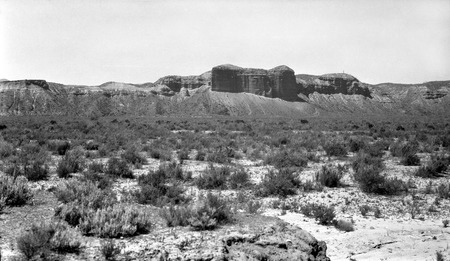 El Cantíl, an erosion remnant, on the north side of the main El Rosario Cañon opposite the junction of the side cañon lead...