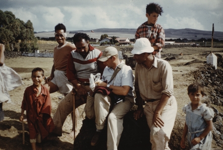 Bob Parker trading goodies with Easter Islanders, Downwind Expedition, Feb. 1958