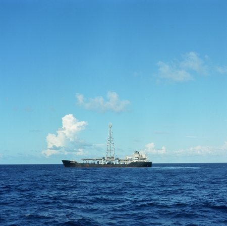 The research ship D/V Glomar Challenger used for the Deep Sea Drilling Project at sea. Circa 1968.