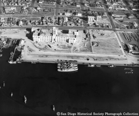 Aerial view of ships and boats docked near San Diego City and County Administration Building