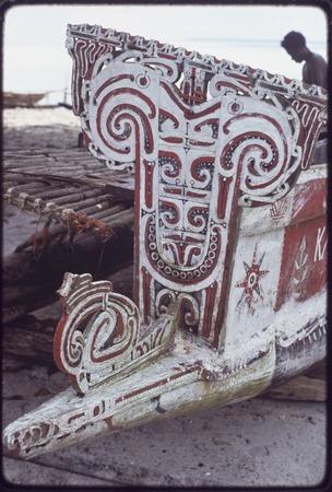Canoes: carved and painted prowboard and splashboard on a kula canoe owned by Lakedadauya of Wawela village