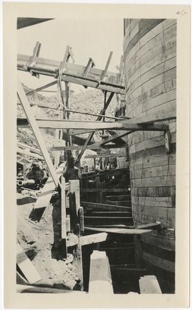 Lake Hodges Dam construction with wooden forms