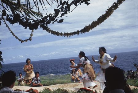 Natives dancing during the luau for the scientist of the Capricorn Expedition (1952-1953) on the island of Tongatabu in th...