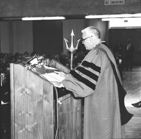 William J. McGill at podium at his inauguration as Chancellor, UC San Diego