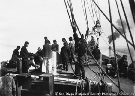 Chinese on deck of sailing ship headed for Alaskan fish packing houses