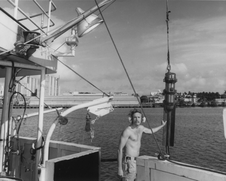 Technician William J. Brennan, aboard the D/V Glomar Challenger (ship) helped place a new air gun into the water for a che...
