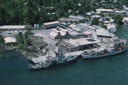 Aerial photo taken of the research ship R/V Argo (in center), while stationed in port in the Pago Pago Harbor. Pago Pago i...