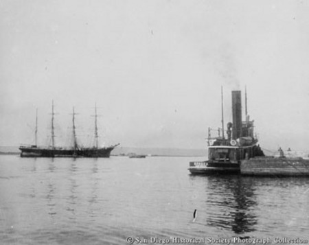 Four-masted sailing ship California and tugboat Bahada, San Diego Bay